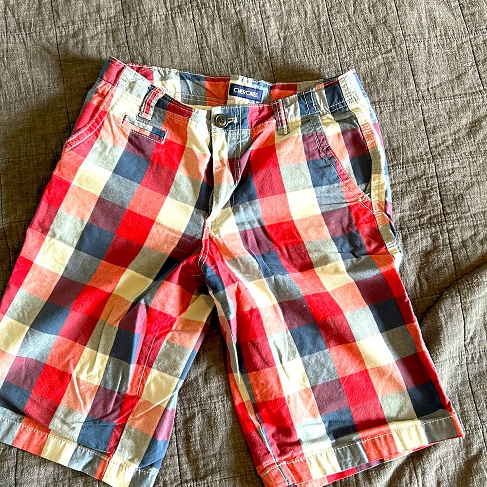 Boys red/white/blue plaid shorts size 16